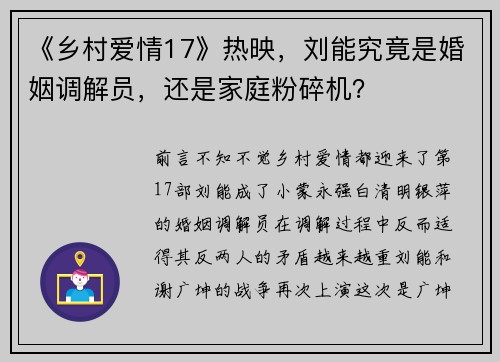 《乡村爱情17》热映，刘能究竟是婚姻调解员，还是家庭粉碎机？