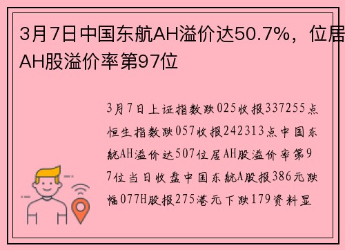 3月7日中国东航AH溢价达50.7%，位居AH股溢价率第97位