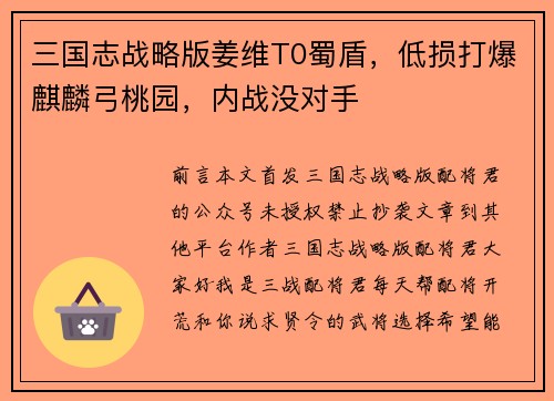 三国志战略版姜维T0蜀盾，低损打爆麒麟弓桃园，内战没对手