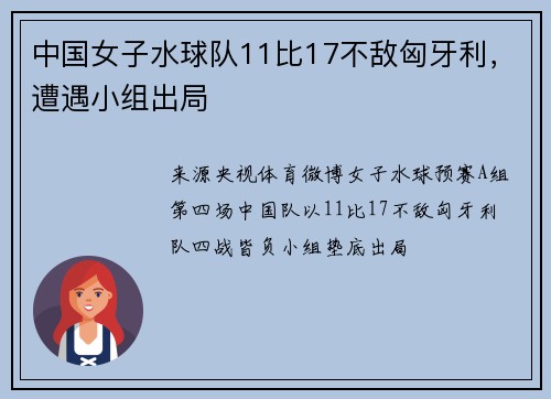 中国女子水球队11比17不敌匈牙利，遭遇小组出局