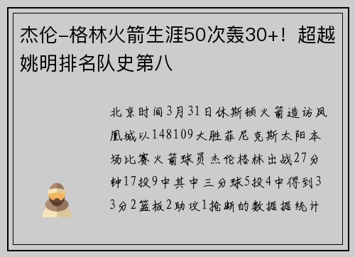 杰伦-格林火箭生涯50次轰30+！超越姚明排名队史第八