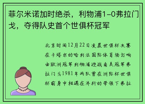 菲尔米诺加时绝杀，利物浦1-0弗拉门戈，夺得队史首个世俱杯冠军