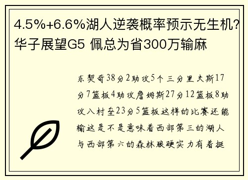 4.5%+6.6%湖人逆袭概率预示无生机？华子展望G5 佩总为省300万输麻