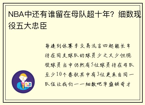 NBA中还有谁留在母队超十年？细数现役五大忠臣