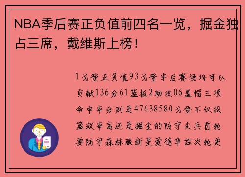 NBA季后赛正负值前四名一览，掘金独占三席，戴维斯上榜！